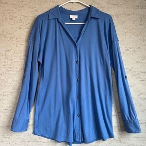 J. Jill Blue Jersey Knit Oversized Button Up Shirt Sz S Collared V-Neck Office